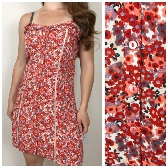 LC LAUREN CONRAD Red Floral Ruffle Button DRESS - Picture 1 of 8